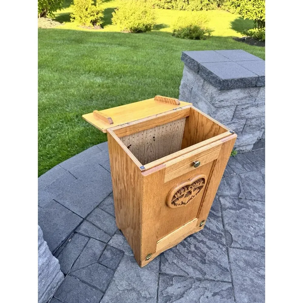 VTG Large Solid Oak Wood Hand Carved Laundry Hamper /Waste Bin H30.5xW20xD12.5”
